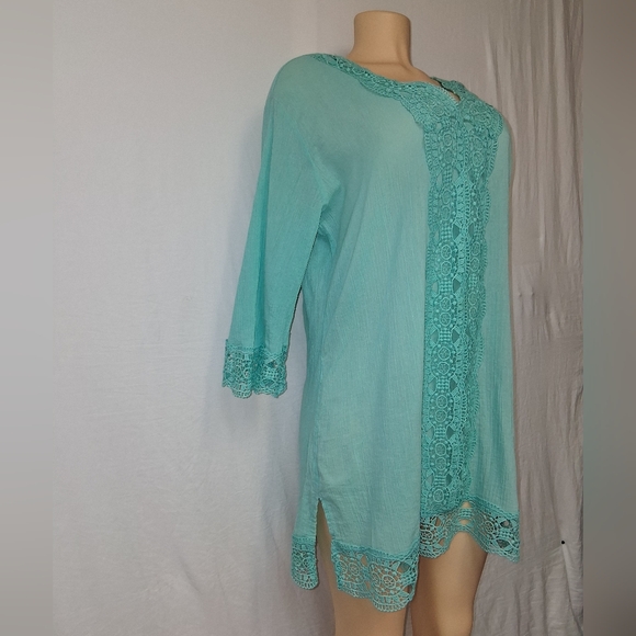 Isaac Mizrahi Teal Tunic with Pink Label Cochet Beach Cover Up SzL - Picture 6 of 17